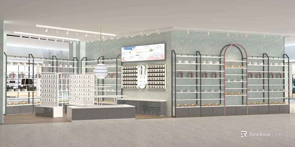 Elegant Modern Boutique Interior With Glass Shelves Display Items And Warm Lighting Decor 3d model 