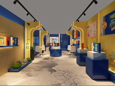 Modern Commercial Interior Design With Yellow Blue Walls Blue Counters White Chairs And Patterned Floor 3d model