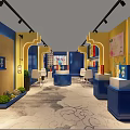 Modern Commercial Interior Design With Yellow Blue Walls Blue Counters White Chairs And Patterned Floor