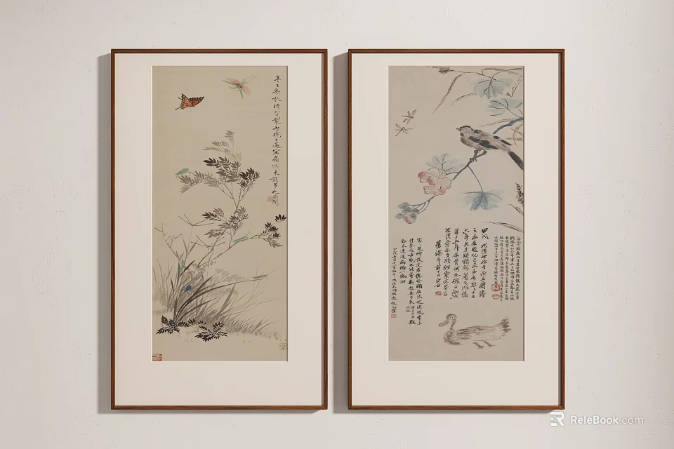 Traditional Chinese Paintings With Flowers Birds Insects And Calligraphy In Wooden Frames On Wall 3d model 