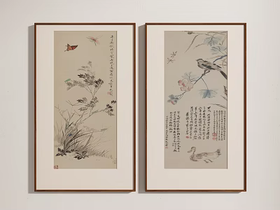 Traditional Chinese Paintings With Flowers Birds Insects And Calligraphy In Wooden Frames On Wall 3d model