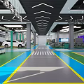 Modern Auto Showroom Interior With Green And Blue Floor Lines And Display Cars