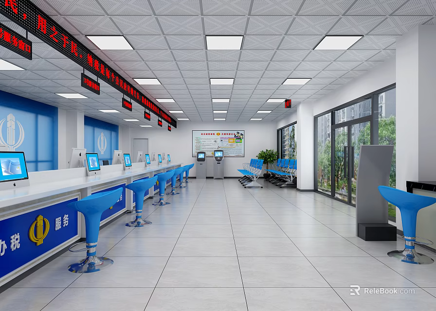 Spacious Service Hall Interior With Bright Lighting Service Counters Computers Blue Stools And Glass Doors 3d model 