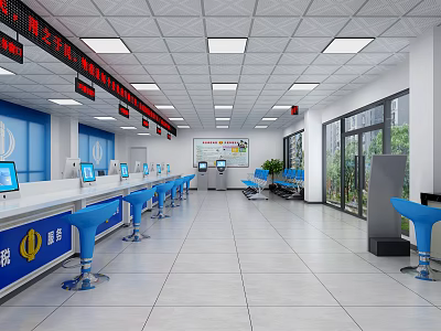 Spacious Service Hall Interior With Bright Lighting Service Counters Computers Blue Stools And Glass Doors 3d model