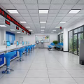Spacious Service Hall Interior With Bright Lighting Service Counters Computers Blue Stools And Glass Doors
