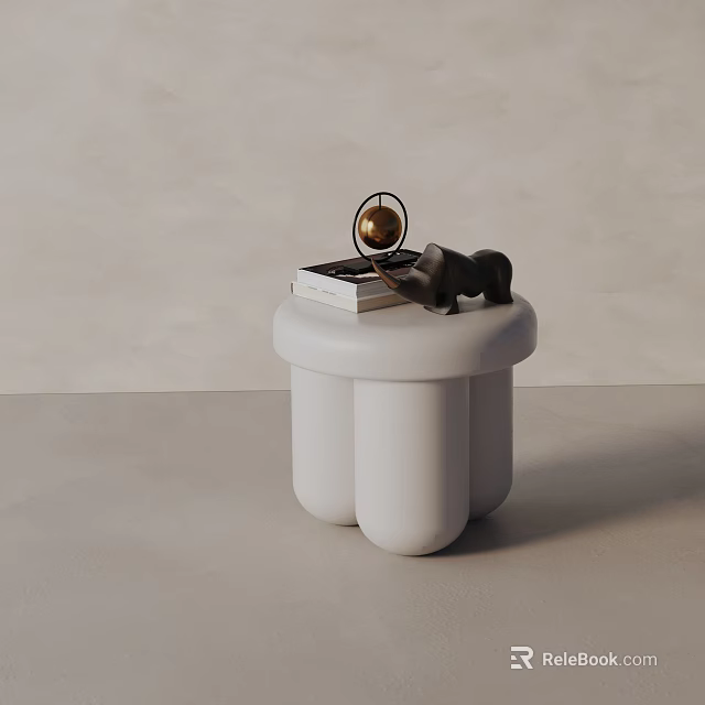 Modern White Side Table With Rounded Legs Featuring Globe Book And Black Figurine 3d model 