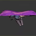 Anime Character With Blue Hair Winged Decorations Black Bodysuit On Purple Background Wielding Weapon