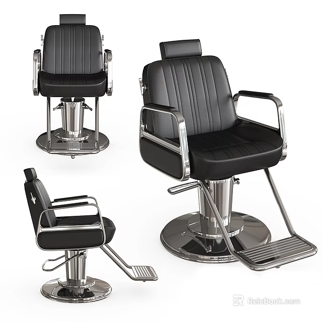 Modern Black Leather Barber Chair With Silver Metal Frame Swivel Base And Footrest 3d model 