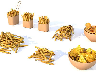 Crispy French Fries and Tortilla Chips Served in Paper Bags and Bowls 3d model