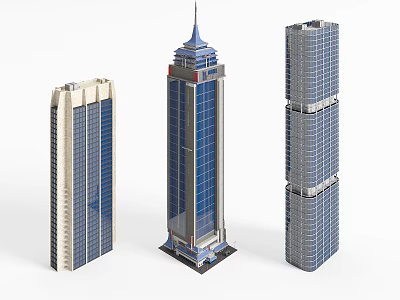 Three Modern Tall Office Buildings With Glass Facade And Architectural Designs 3d model