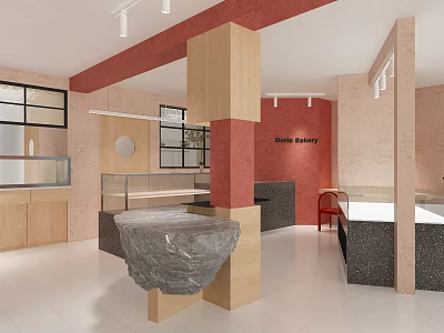 Modern Bakery Interior With Coral Beige Tones Stone Counter Wooden Pillars And Red Chair 3d model