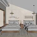 Modern Hotel Guest Room With Twin Gray Beds Wooden Headboards Soft Carpet And Pendant Lights