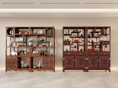 Traditional Chinese Wooden Display Cabinet With Multiple Shelves And Antique Ornaments 3d model