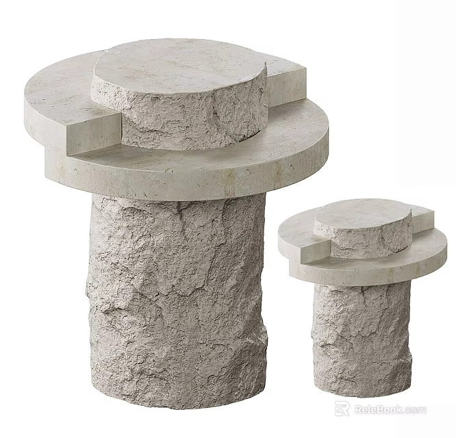Modern Textured Stone Side Tables With Round Top And Geometric Base Set Of Two 3d model 