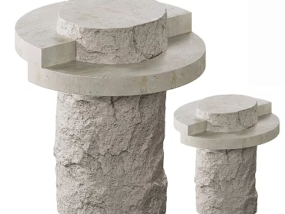 Modern Textured Stone Side Tables With Round Top And Geometric Base Set Of Two 3d model