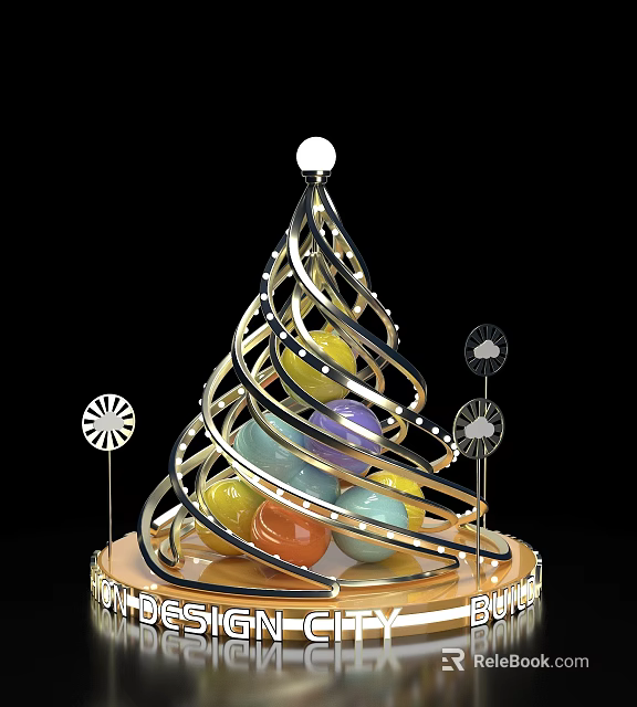 Spiral Metal Ornament With Colorful Spheres White Top And Decorative Fans On Base 3d model 