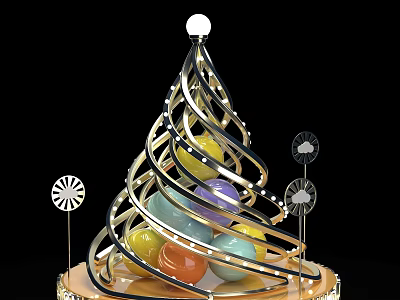 Spiral Metal Ornament With Colorful Spheres White Top And Decorative Fans On Base 3d model