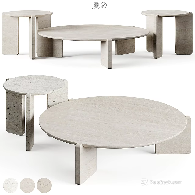 Modern Round Coffee Table Set with Smooth Stone Top and Simple Geometric Base Design 3d model 