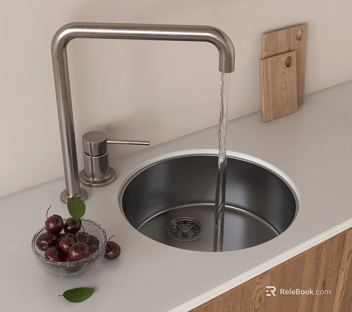 Stainless Steel Kitchen Sink With Running Water Faucet Wooden Cutting Board And Fresh Cherries 3d model 