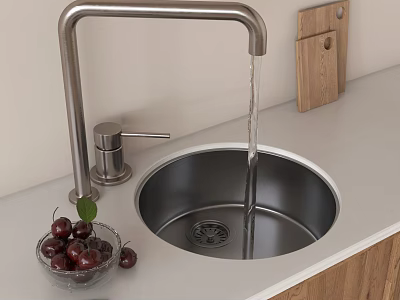 Stainless Steel Kitchen Sink With Running Water Faucet Wooden Cutting Board And Fresh Cherries 3d model