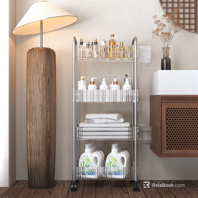 Multi Tier Bathroom Cabinet Rack With Toiletries Bottles And Towels Storage 3d model 
