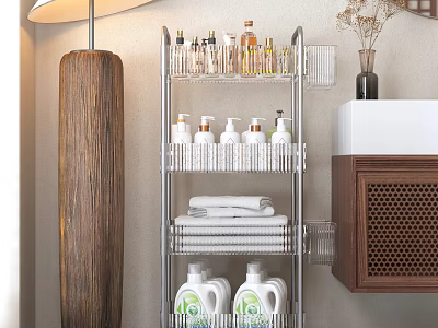 Multi Tier Bathroom Cabinet Rack With Toiletries Bottles And Towels Storage 3d model