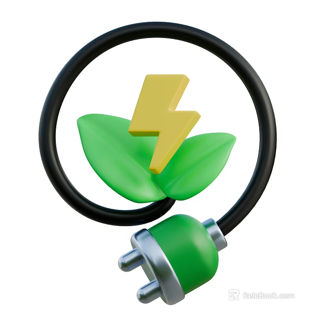 Decorative Ornament Set with Green Leaves Yellow Lightning Bolt Black Circle Ring and Green Plug 3d model 