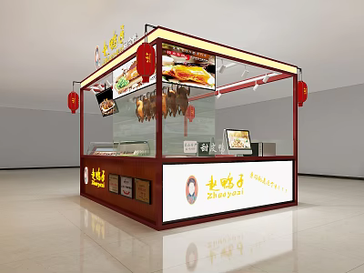 Mall Food Stall Displaying Grilled Skewers Burger And Red Lanterns 3d model
