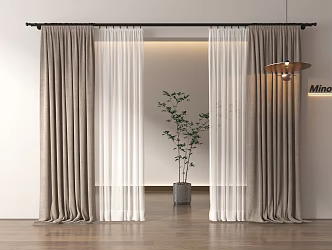 Modern Curtain Window Screen Cloth Curtain Gauze Curtain Venetian Curtain Plain Color Solid Color Curtain Green Plant Potted Plant 3d model