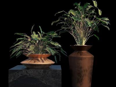 Elegant Decorative Ornament Set With Green Plants In Brown Pots And Black Base 3d model