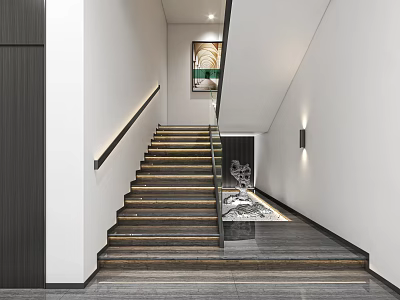 Modern Elevator Hallway Interior Design With Staircase Dark Handrail And White Walls 3d model