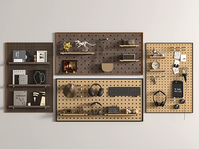 Modern Pegboard Wall Decor Featuring Various Decor Items And Gadgets 3d model