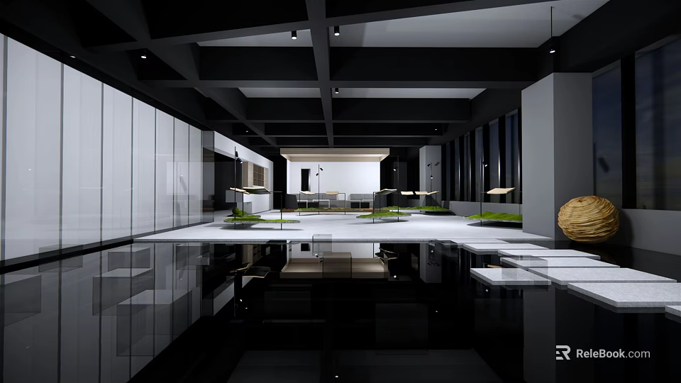 Modern Spacious Interior Design With Black White Ceiling Beams Reflective Flooring And Plants 3d model 