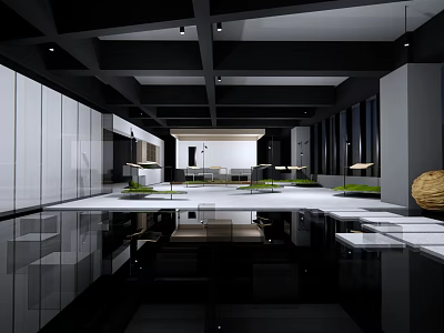 Modern Spacious Interior Design With Black White Ceiling Beams Reflective Flooring And Plants 3d model