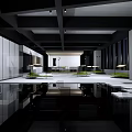 Modern Spacious Interior Design With Black White Ceiling Beams Reflective Flooring And Plants