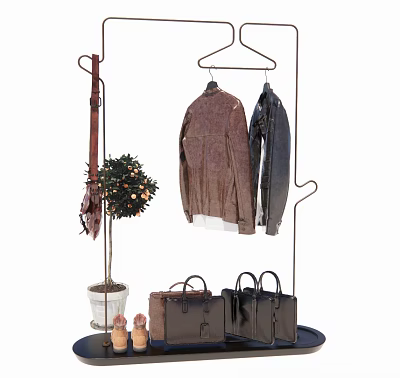 Stylish Clothes Hanger With Hanging Jackets Side Bag Green Plant And Leather Handbags 3d model