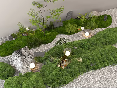 Hanging Basket Plants in Zen Garden with Moss Covered Ground and Stone Pathway 3d model