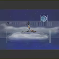 Character With Pet Creature Standing On Clouds Under Starry Sky And Full Moon