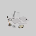 Household Washing Essentials Including Glass Cups Soap Dispensers White Towels Cleaning Brushes And Bar Soap