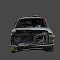 Abandoned Burnt Rusted Wrecked Van With Damaged Front And Flat Tires