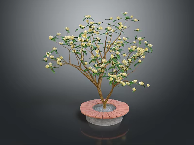 Decorative Flowering Tree With White Blossoms On Circular Pink And Gray Base 3d model