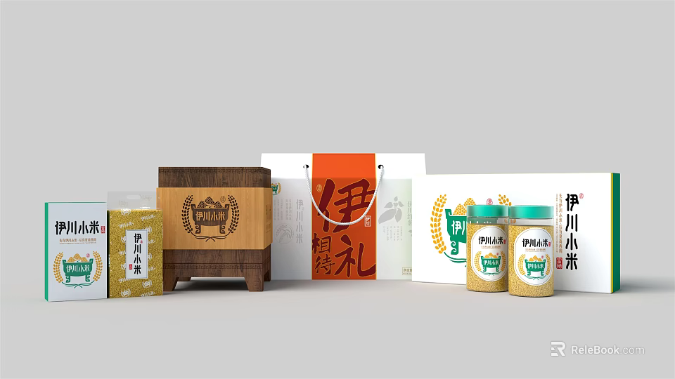 Decorative Ornament Combination With Wooden Box Gift Bag And Rice Canisters 3d model 
