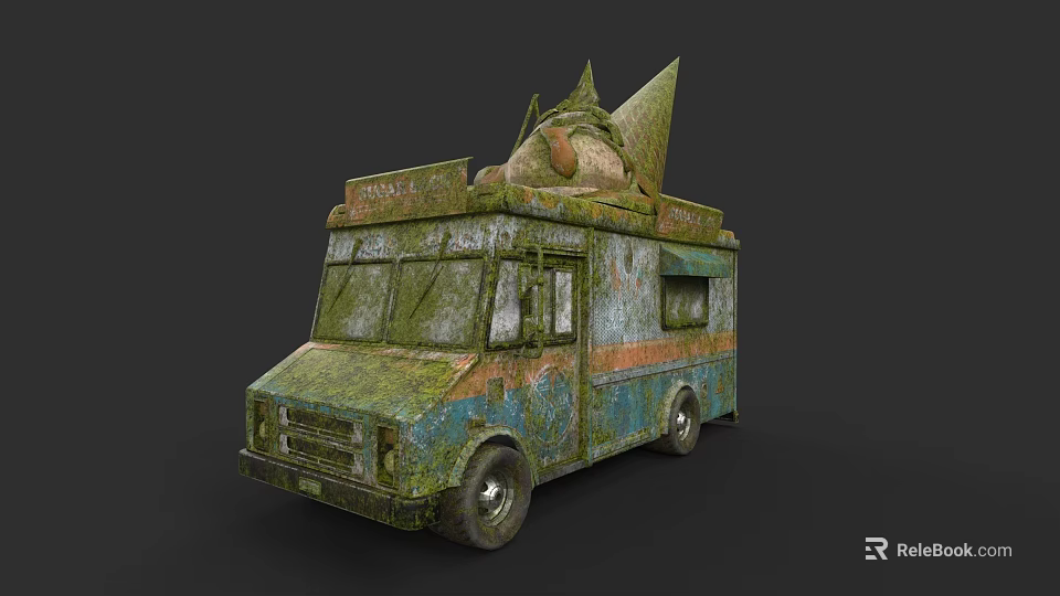 Old Rusty Ice Cream Truck With Large Ice Cream Cone On Top Showing Weathered Exterior 3d model 