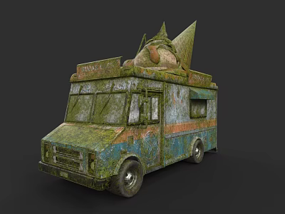 Old Rusty Ice Cream Truck With Large Ice Cream Cone On Top Showing Weathered Exterior 3d model
