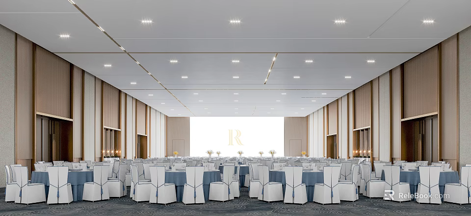 Spacious Modern Banquet Hall with White Blue Chair Covers Ceiling Lights and R Background Wall 3d model 