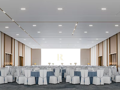 Spacious Modern Banquet Hall with White Blue Chair Covers Ceiling Lights and R Background Wall 3d model