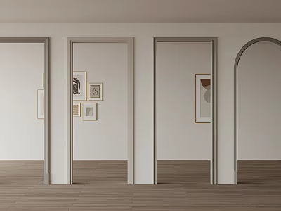 Stylish Interior Entry With Different Shaped Doors Framed Art On White Walls And Wood Flooring 3d model