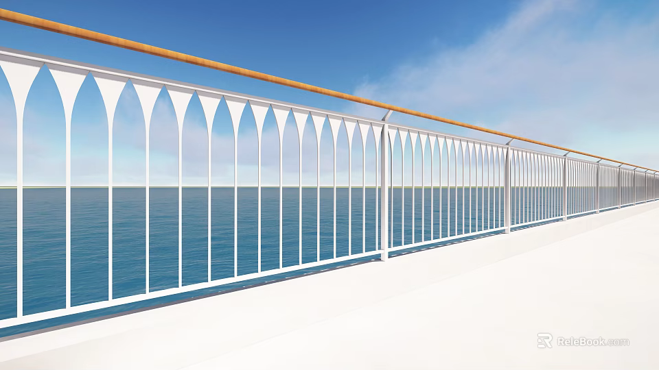 White Railing with Wooden Handrail and Arched Design Overlooking Blue Ocean and Sky 3d model 