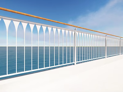 White Railing with Wooden Handrail and Arched Design Overlooking Blue Ocean and Sky 3d model
