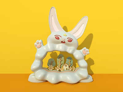 Cute Rabbit Shaped Photo Spot With Yellow Background Arch Structure Small Trees And Pink Paws 3d model